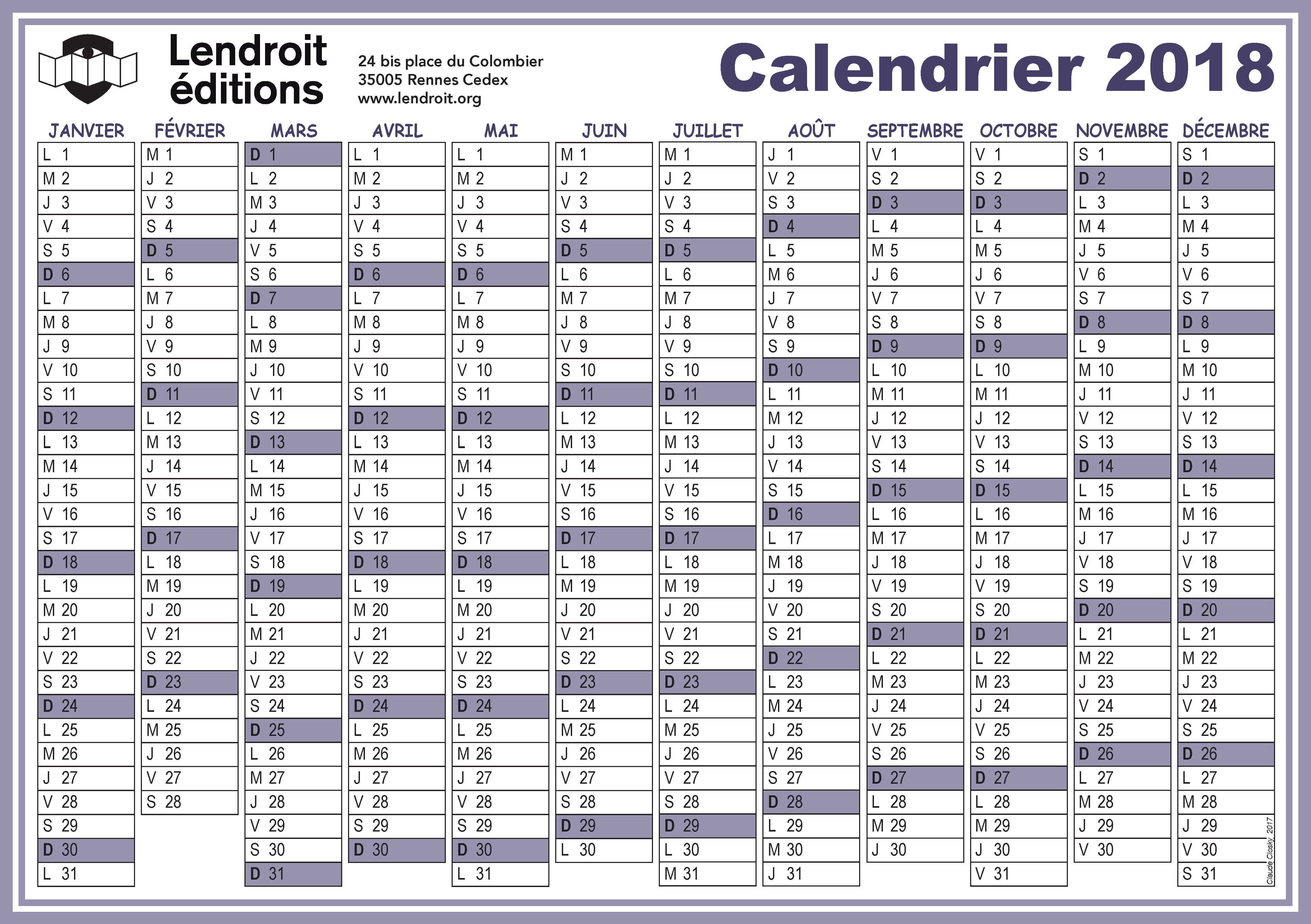 Claude Closky, ‘2018 Calendar,’ 2016, Rennes: Lendroit. Color offest on 280 g. card, 15 x 21 cm.